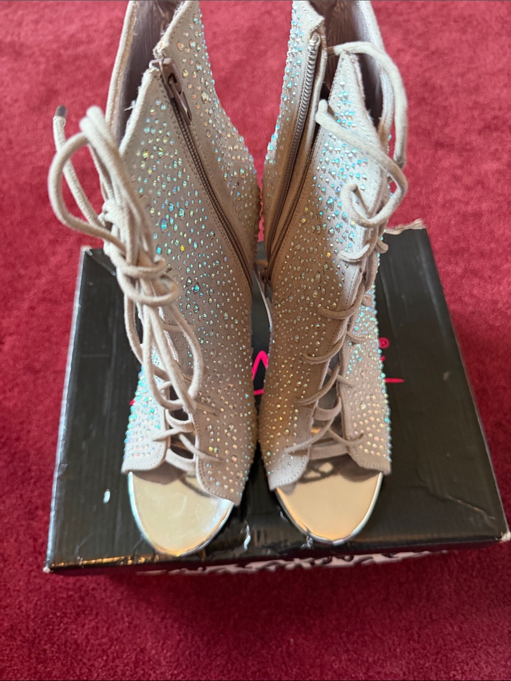 Anne Michelle Taupe Rhinestone Lace-Up Peep Toe Heels